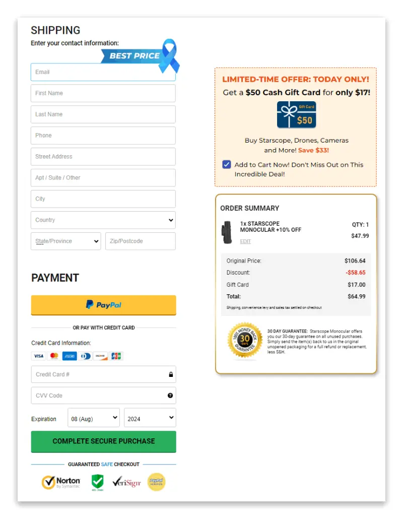 Starscope checkout page